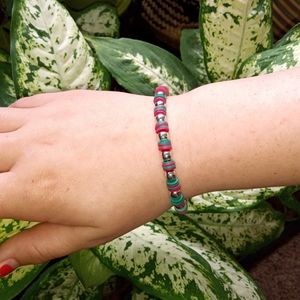 New Clay Bead Stretch Bracelet/Red, Green, and Gold